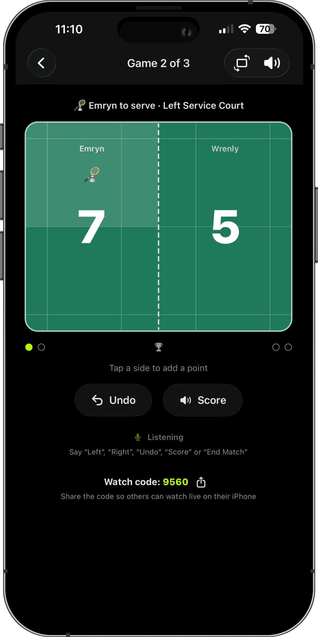 Score Hands-Free — tap to score, or just say "Left," "Right," or "Score."