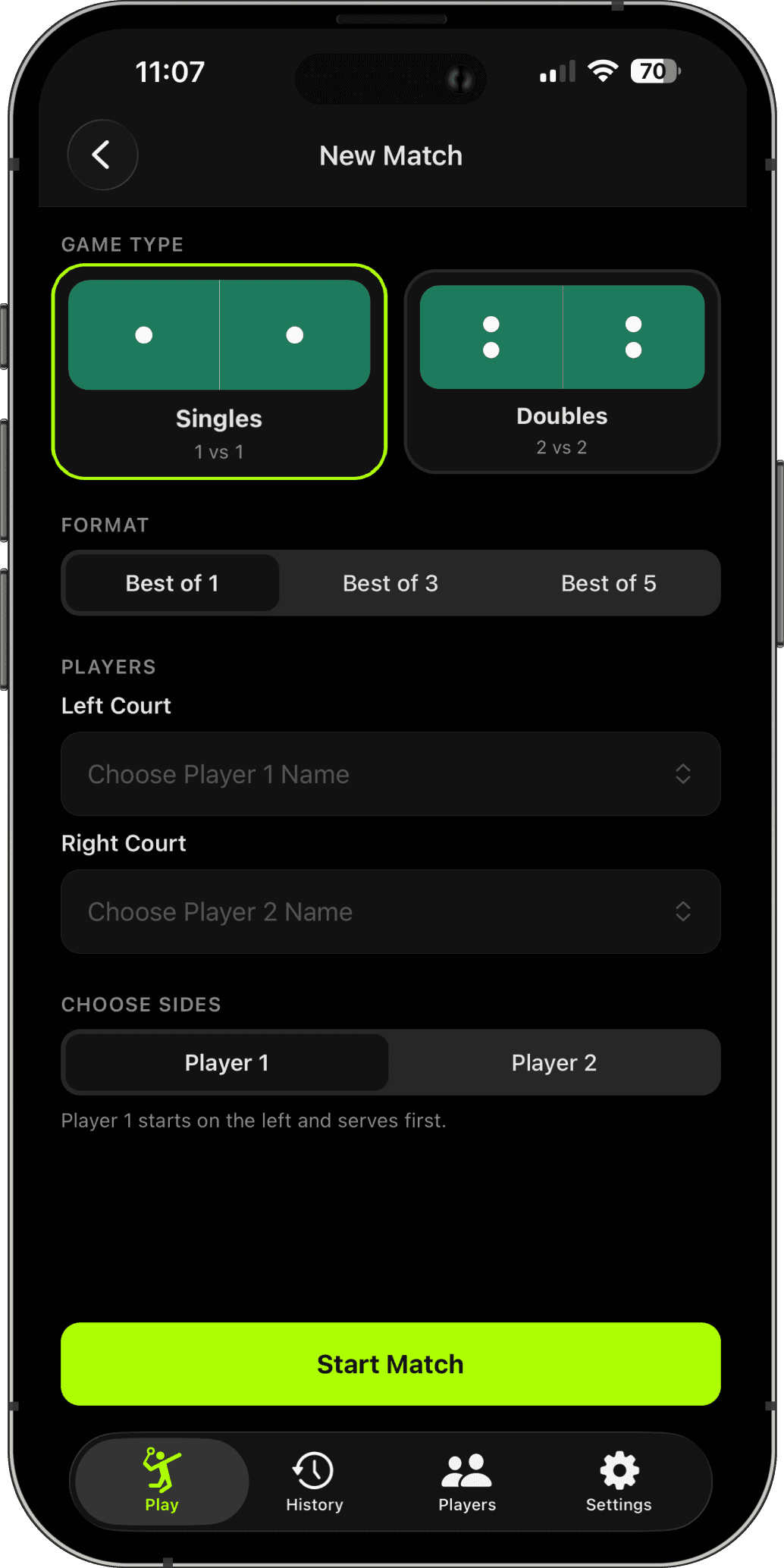 Quick Match Setup — pick singles or doubles, set your format, and go.