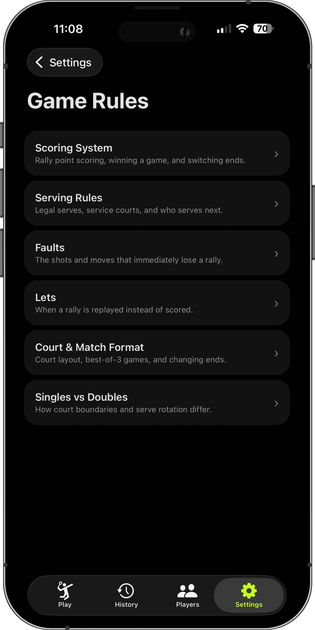 Rules, Always Handy — quick answers for scoring, serving, faults, and more.