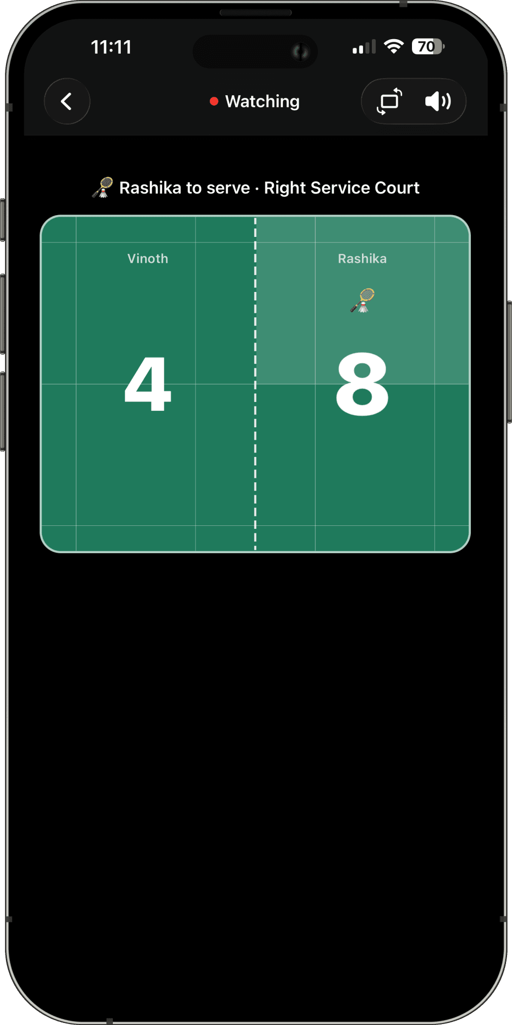 Watch Matches Live — join with a code and follow the score from another phone.